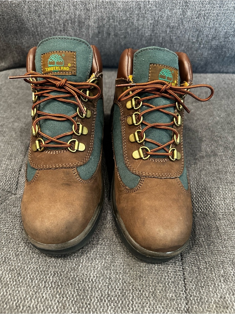 Timberland Brown and Green Fabric Hiking Boots Beef and Broccoli Boys Size 4.5